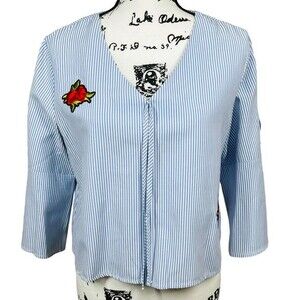 La sorella Blue top striped V-neckline Bell sleeve with butterflies patch size L